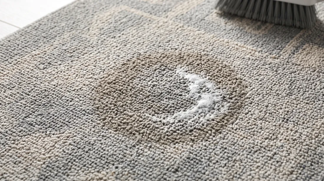 Carpet stain being treated with powder and a brush