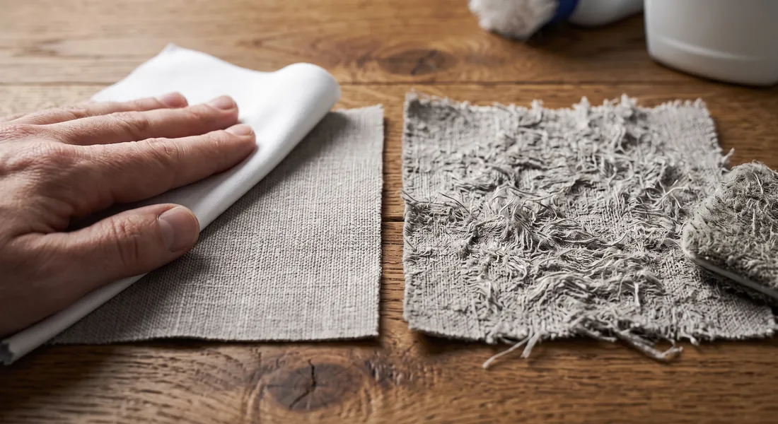 Hand pressing a folded white cloth onto a grey fabric square, next to a matching square with a roughed-up, frayed surface