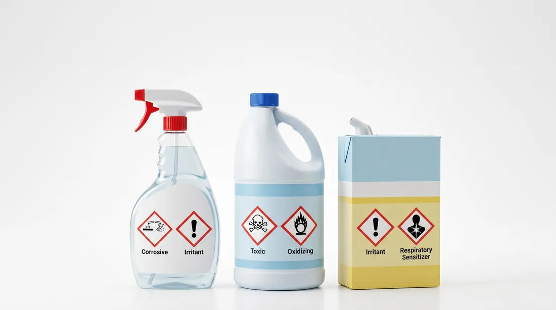 Spray bottle, bleach jug and carton, each carrying red-and-white hazard pictograms such as corrosive, toxic and oxidizing