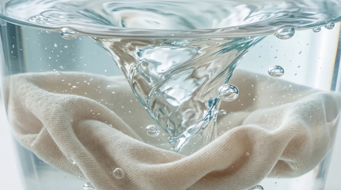 Beige garment soaking in a glass of swirling water with air bubbles