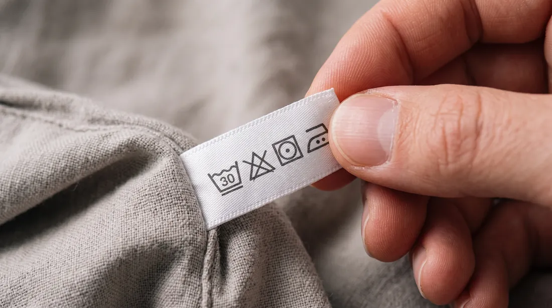 Fingers holding a white care label with wash 30, do not bleach, tumble dry and iron symbols on a grey linen garment