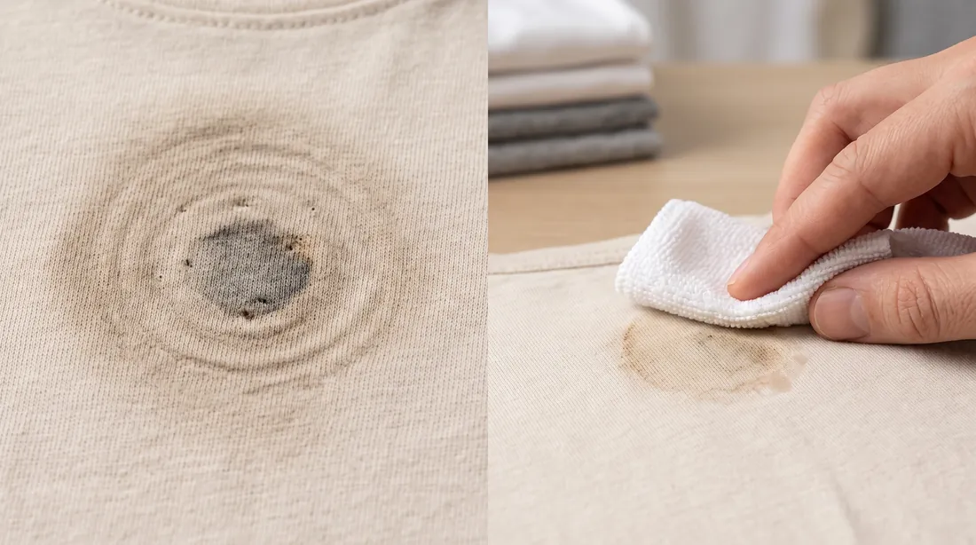 Dark stain with scorched rings on cream fabric, beside a hand dabbing a brown stain on pale fabric with a white cloth