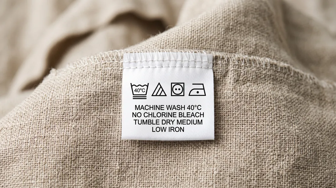 Sewn-in care label on beige linen with wash, bleach, dry and iron symbols and the text machine wash 40 C, no chlorine bleach