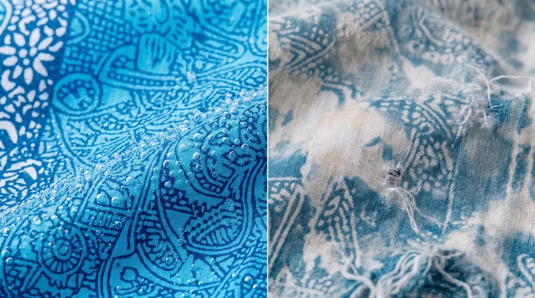 Two blue patterned fabrics side by side, one intact and one worn with the pattern bleached out in white patches