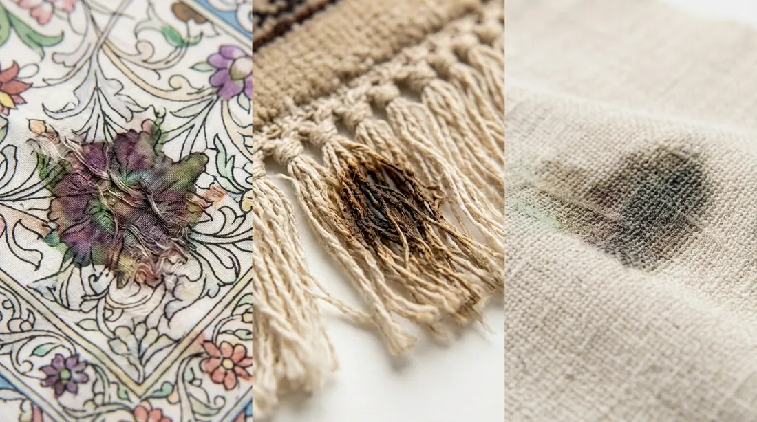 Three damaged fabric samples: a floral print with a hole, a fringed woven band with a dark burn mark, and a dark stain on cream fabric