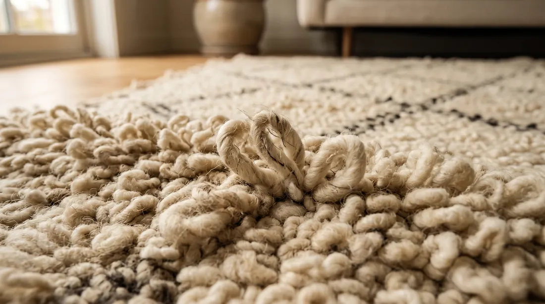 Thick looped pile of an off-white wool rug in a living room