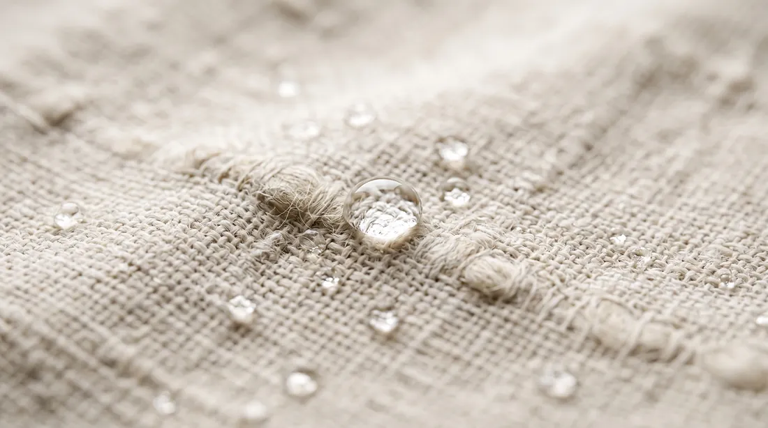 Water droplets beading on natural cotton-linen weave