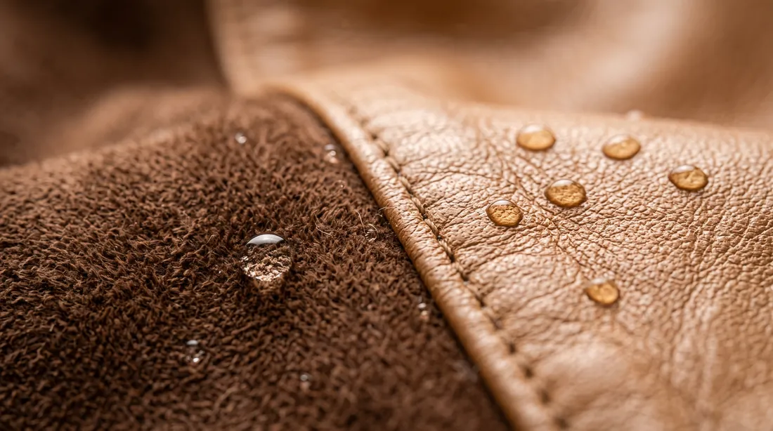 Water droplets on brown suede beside a smooth leather seam