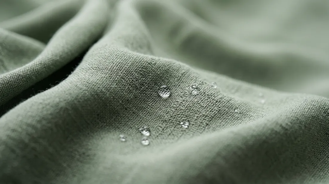 Water droplets on draped sage-green rayon fabric