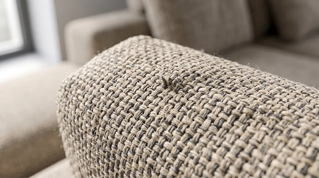 Woven beige upholstery on the arm of a sofa