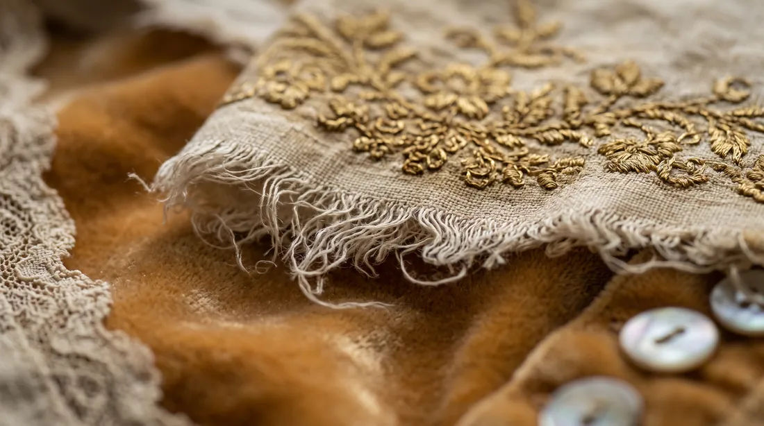 Antique gold-embroidered velvet and lace with shell buttons