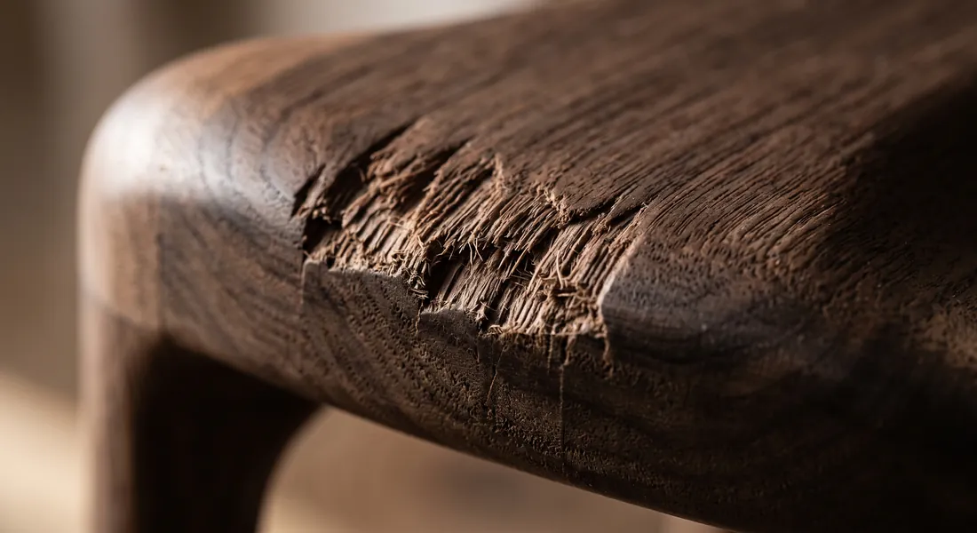 Dark wood furniture edge with a scratch in the finish
