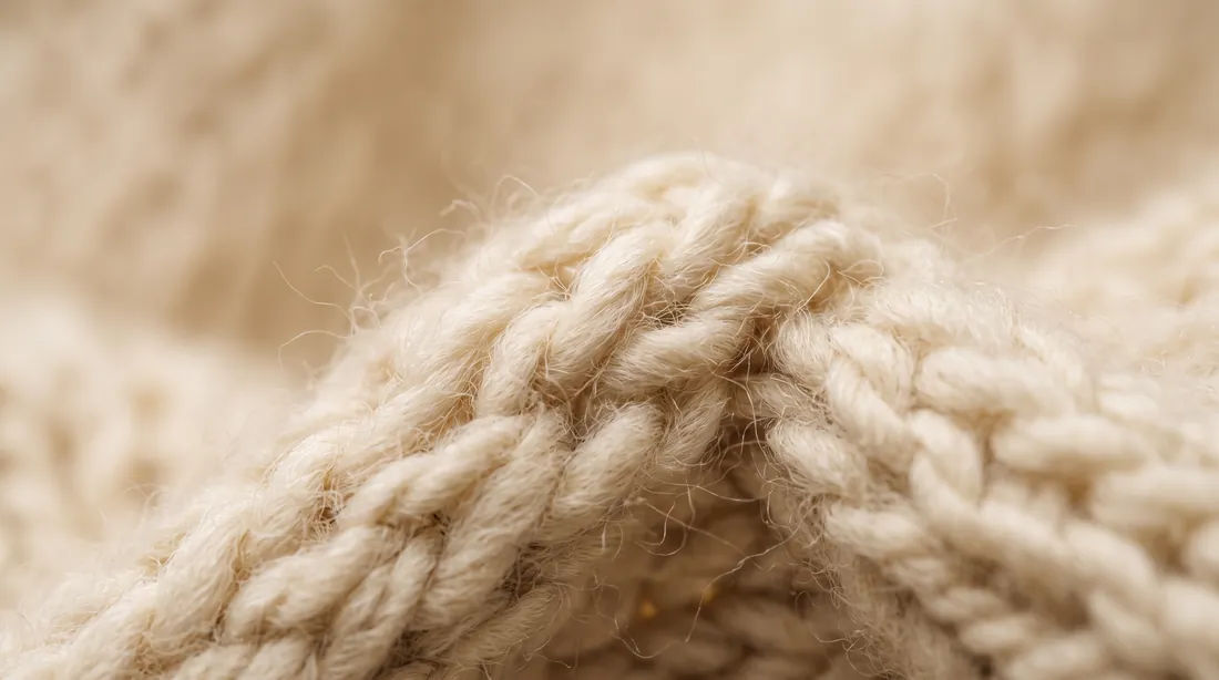 Close-up of cream cable-knit wool