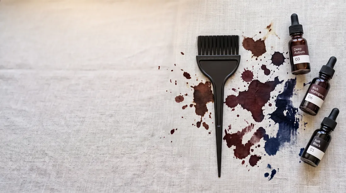 Dark red-brown hair dye splashed on linen beside a tint brush and dye bottles