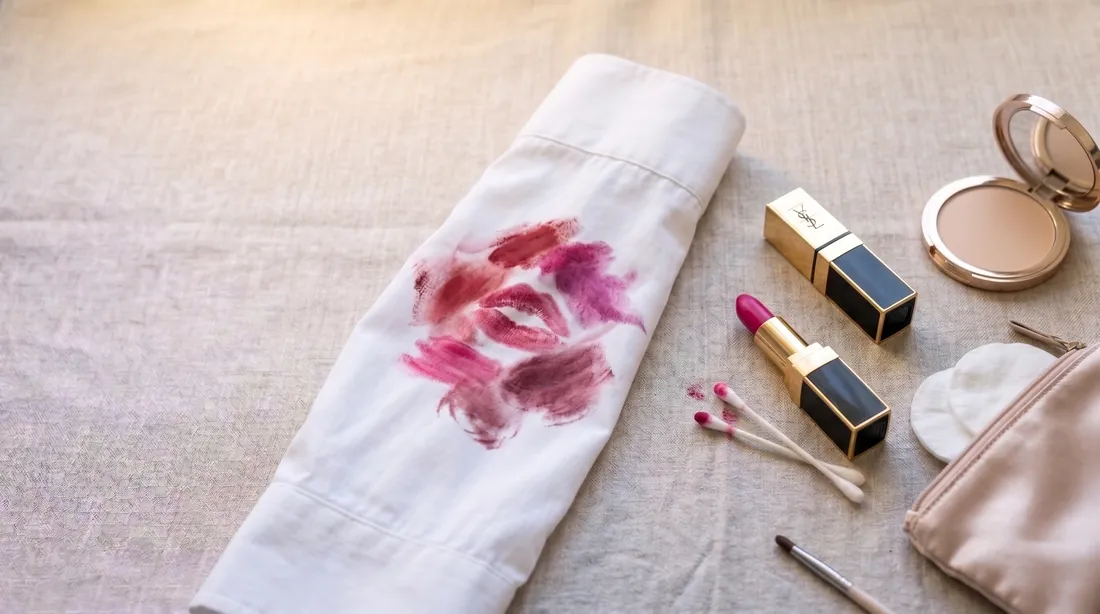 Pink lipstick smears on a white shirt with lipstick tubes and cotton buds