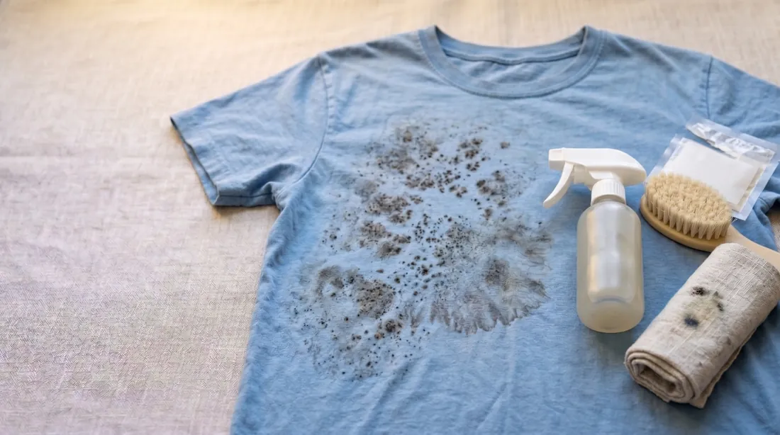 Grey mildew spots on a blue T-shirt with a spray bottle and brush