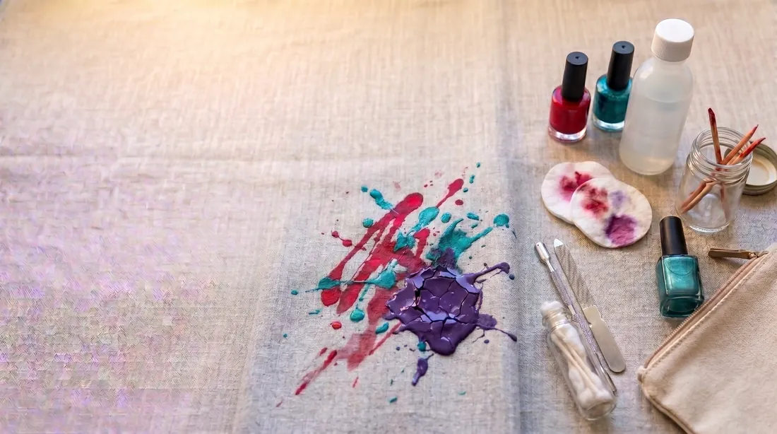 Splattered purple and teal nail polish on linen with polish bottles and cotton pads
