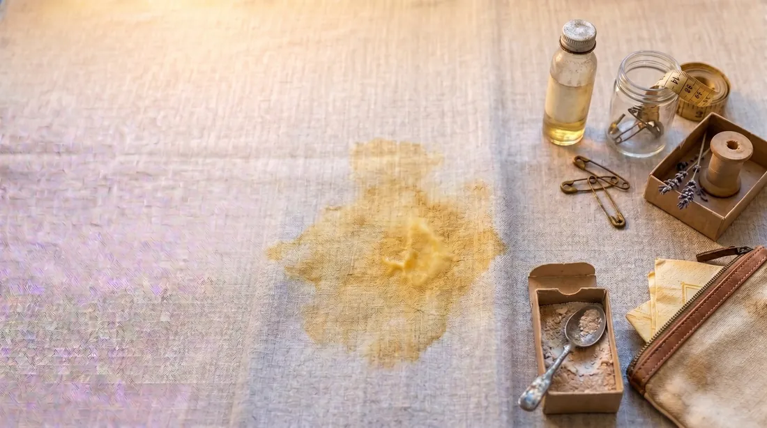 Yellowed age stain on linen with an old sewing box and safety pins