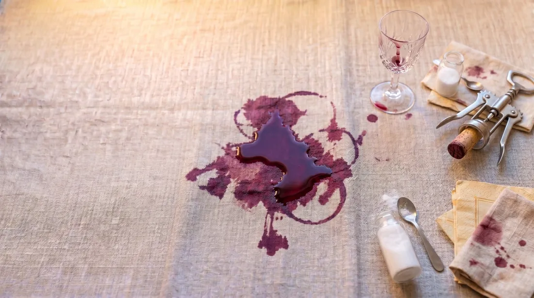 Red wine spill on linen with a tipped glass, corkscrew and cork
