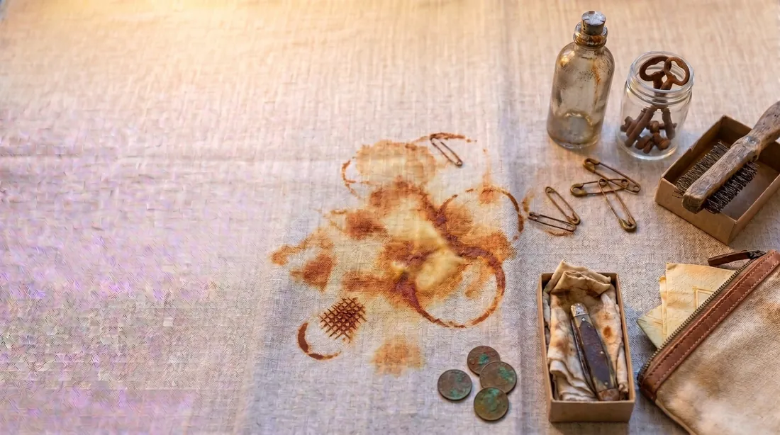 Orange-brown rust marks on linen from old keys, coins and metal tools