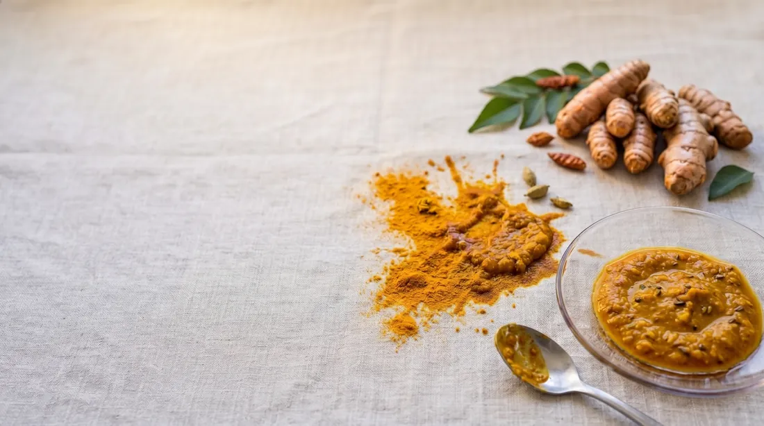 Turmeric powder and curry paste spilled on linen with fresh turmeric root